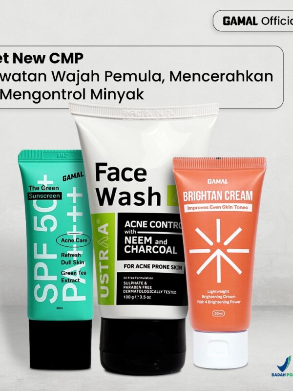 GAMAL | Paket New CMP | Ustraa Face Wash Neem & Charcoal 100gr, Gamal Brightan Cream 30ml & The Green Sunscreen 30ml SPF 50+ PA++++ | Perawatan Wajah Pemula, Mencerahkan Dan Mengontrol Minyak