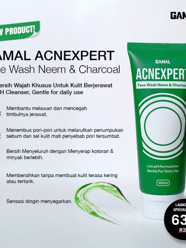 GAMAL | Acnexpert Face Wash Neem & Charcoal | 100ml | Facial Wajah Berjerawat dan Berminyak