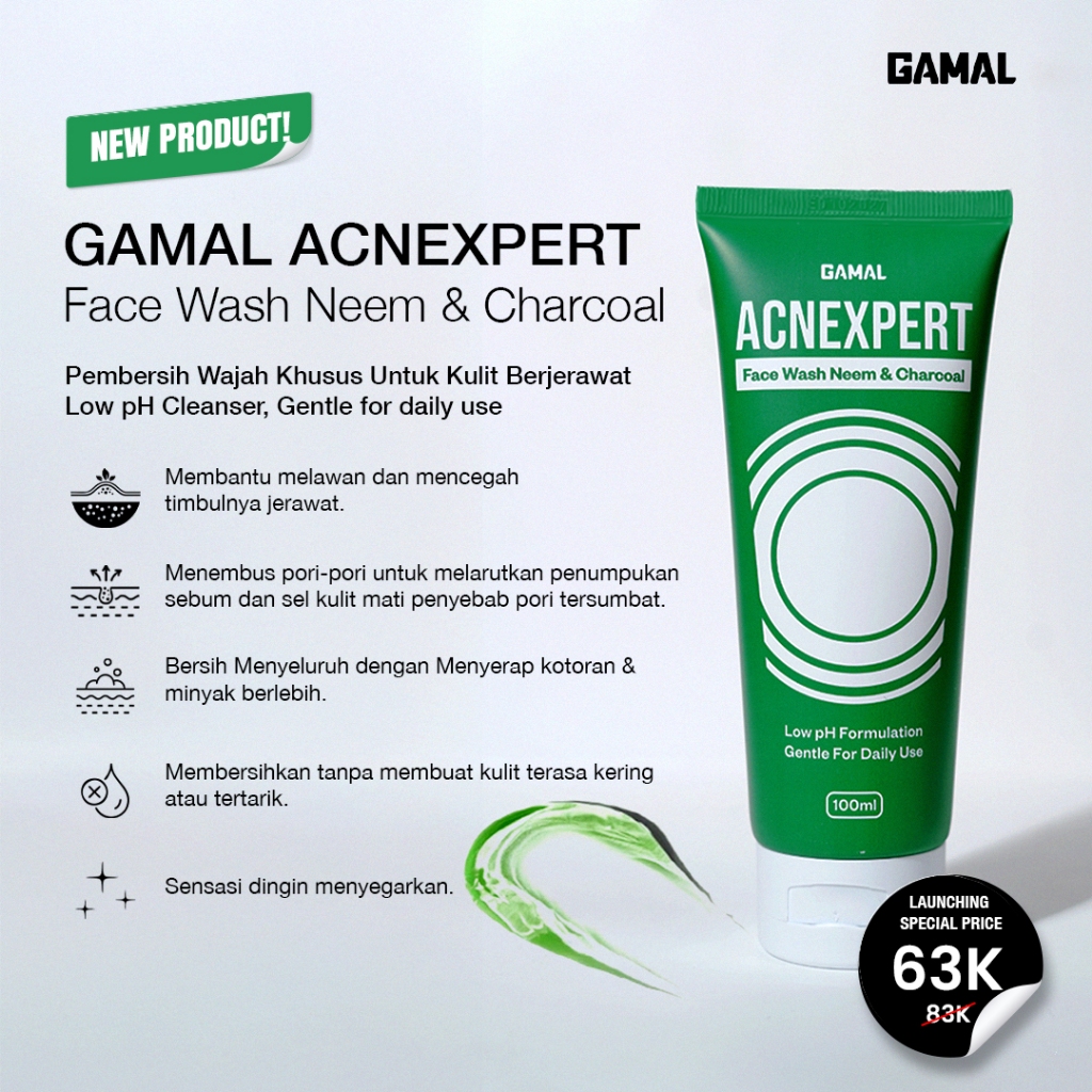 GAMAL | Acnexpert Face Wash Neem & Charcoal | 100ml | Facial Wajah Berjerawat dan Berminyak