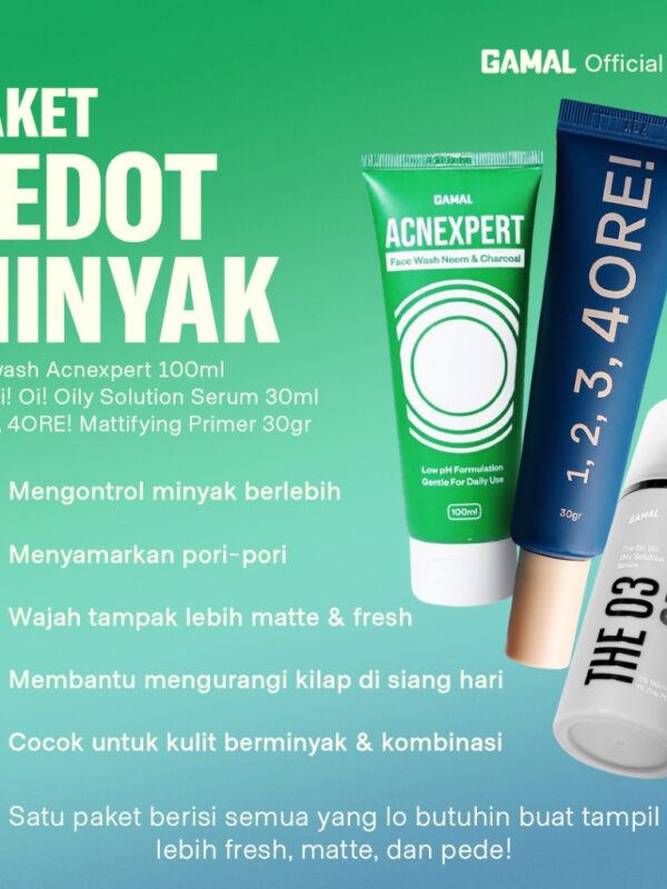 GAMAL I Paket Sedot Minyak I Facewash Acnexpert 100ml , The Oi! Oi! Oily Solution Serum 30ml, 1, 2, 3, 4ORE! Mattifying Primer 30gr I Mengontrol Minyak & Menyamarkan Pori-pori Wajah
