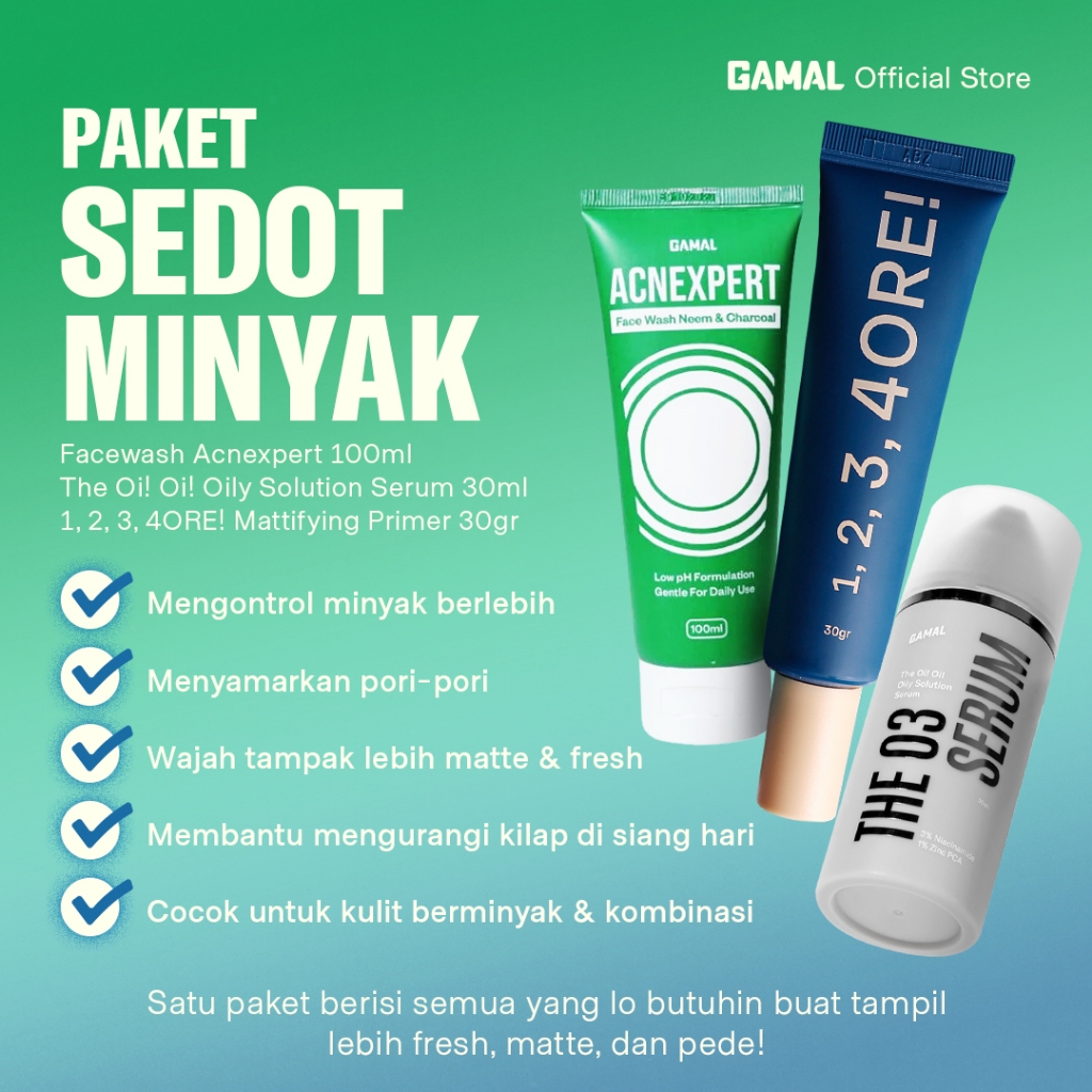 GAMAL I Paket Sedot Minyak I Facewash Acnexpert 100ml , The Oi! Oi! Oily Solution Serum 30ml, 1, 2, 3, 4ORE! Mattifying Primer 30gr I Mengontrol Minyak & Menyamarkan Pori-pori Wajah